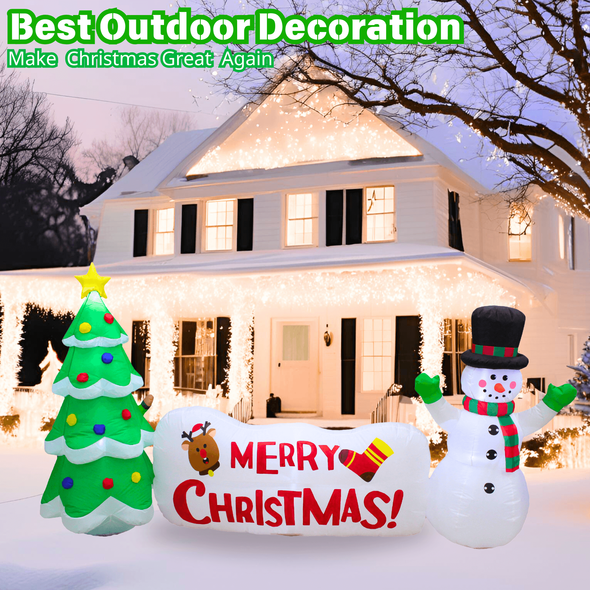 10FT Inflatable Snowman with Tree and Sign Outdoor Decoration - PartyTimeSolution