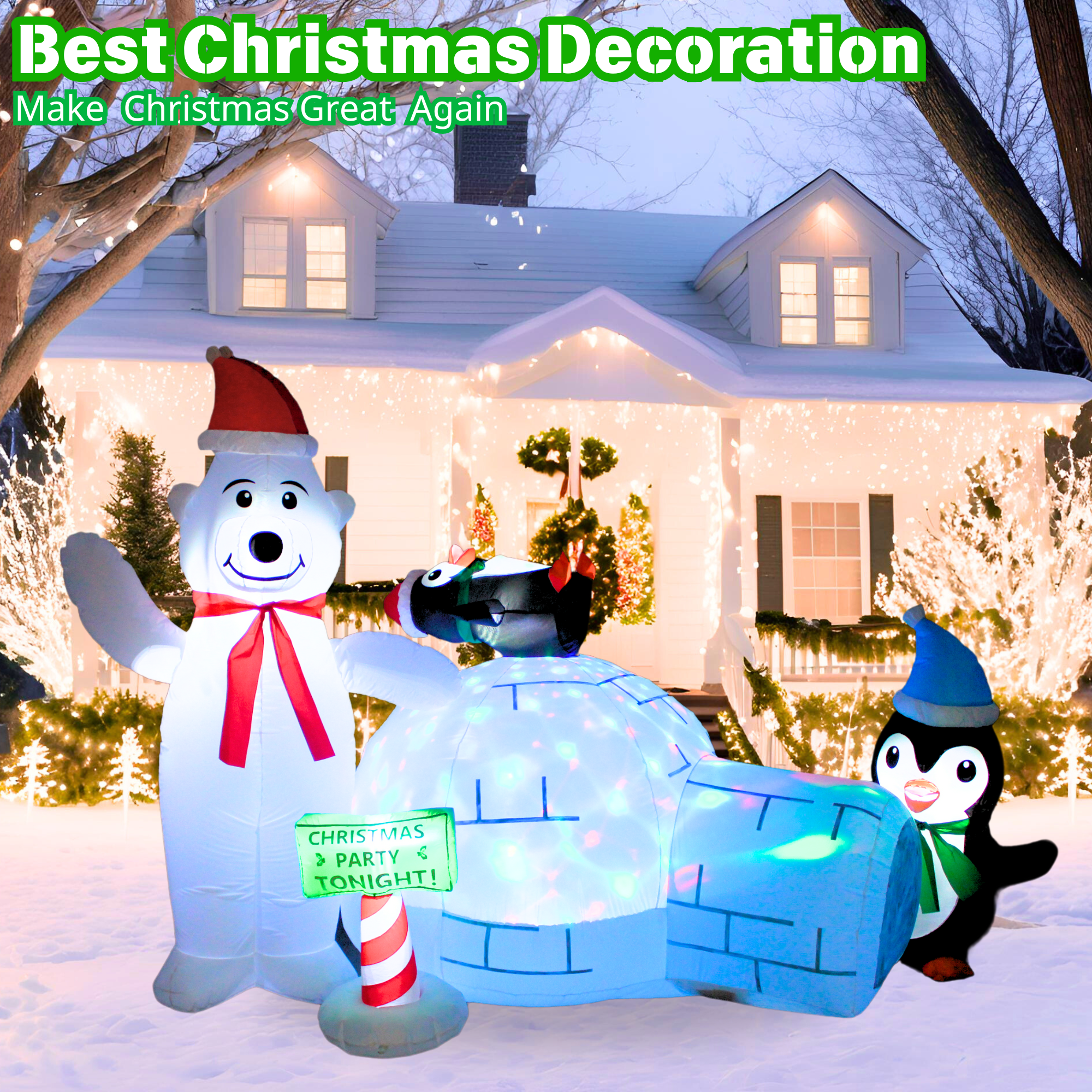 8FT Inflatable Polar Bear with Igloo and Penguin Outdoor Decoration - PartyTimeSolution