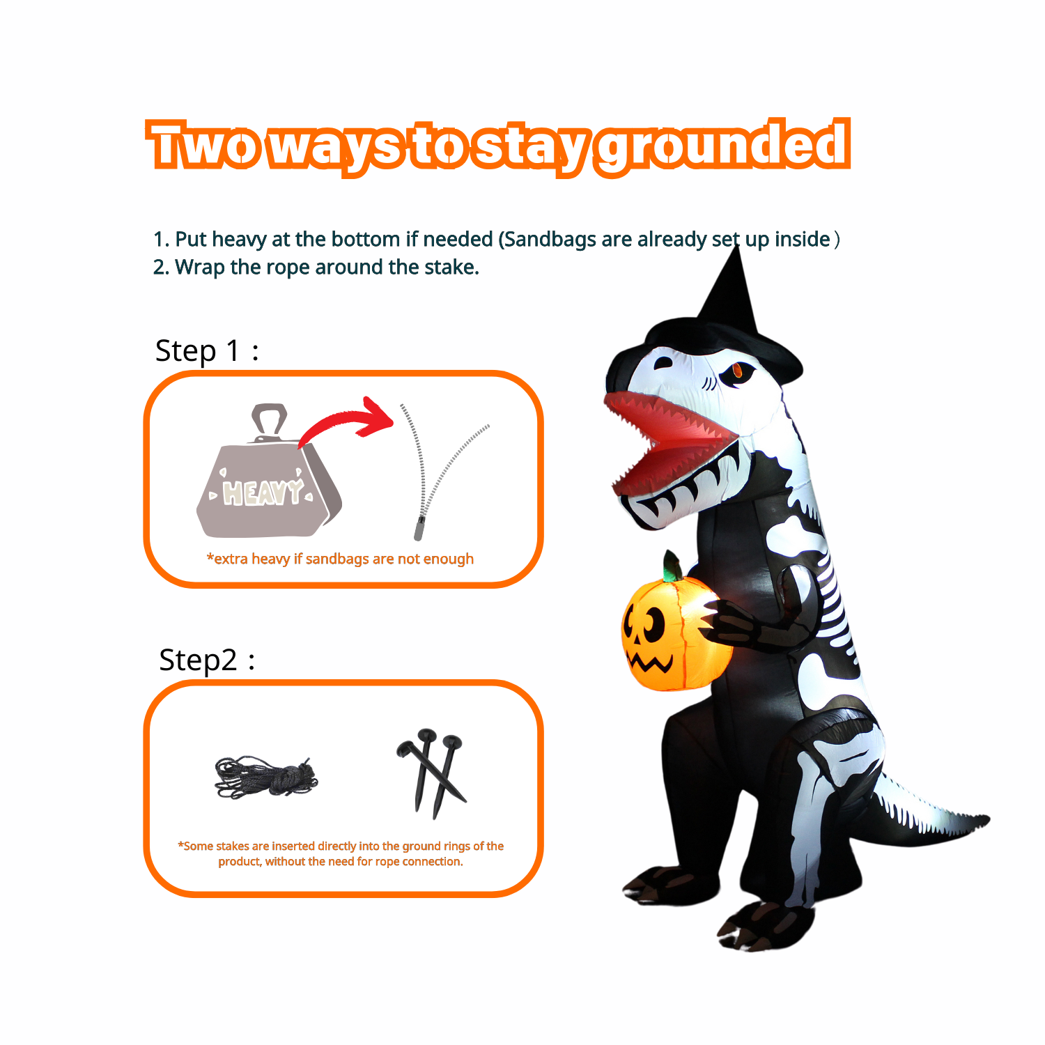 PTS 7FT Inflatable Dinosaur Skeleton with Pumpkin Outdoor Decoration - PartyTimeSolution