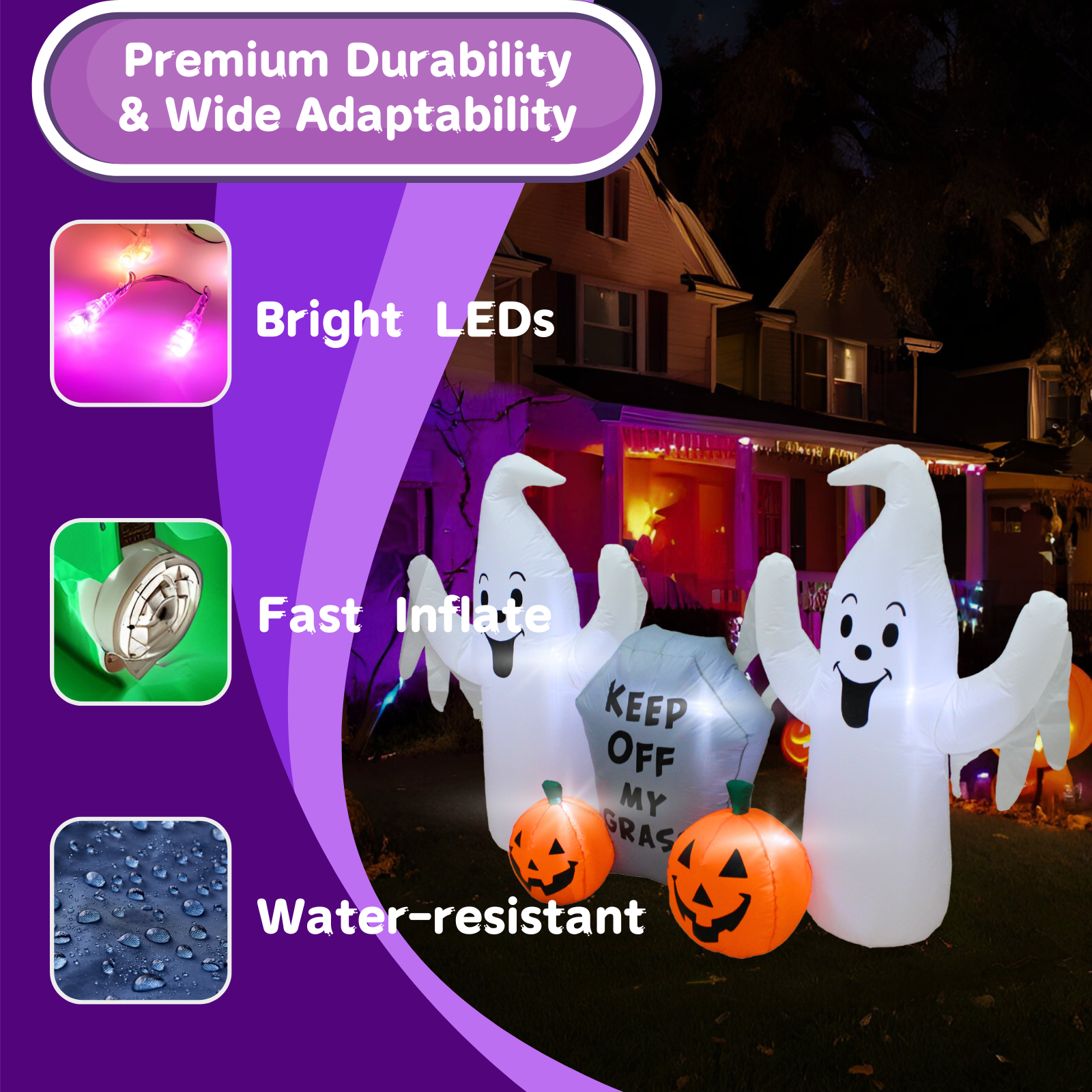 PTS 6FT Inflatable Ghosts with Pumpkins and Tombstone Outdoor Decoration - PartyTimeSolution