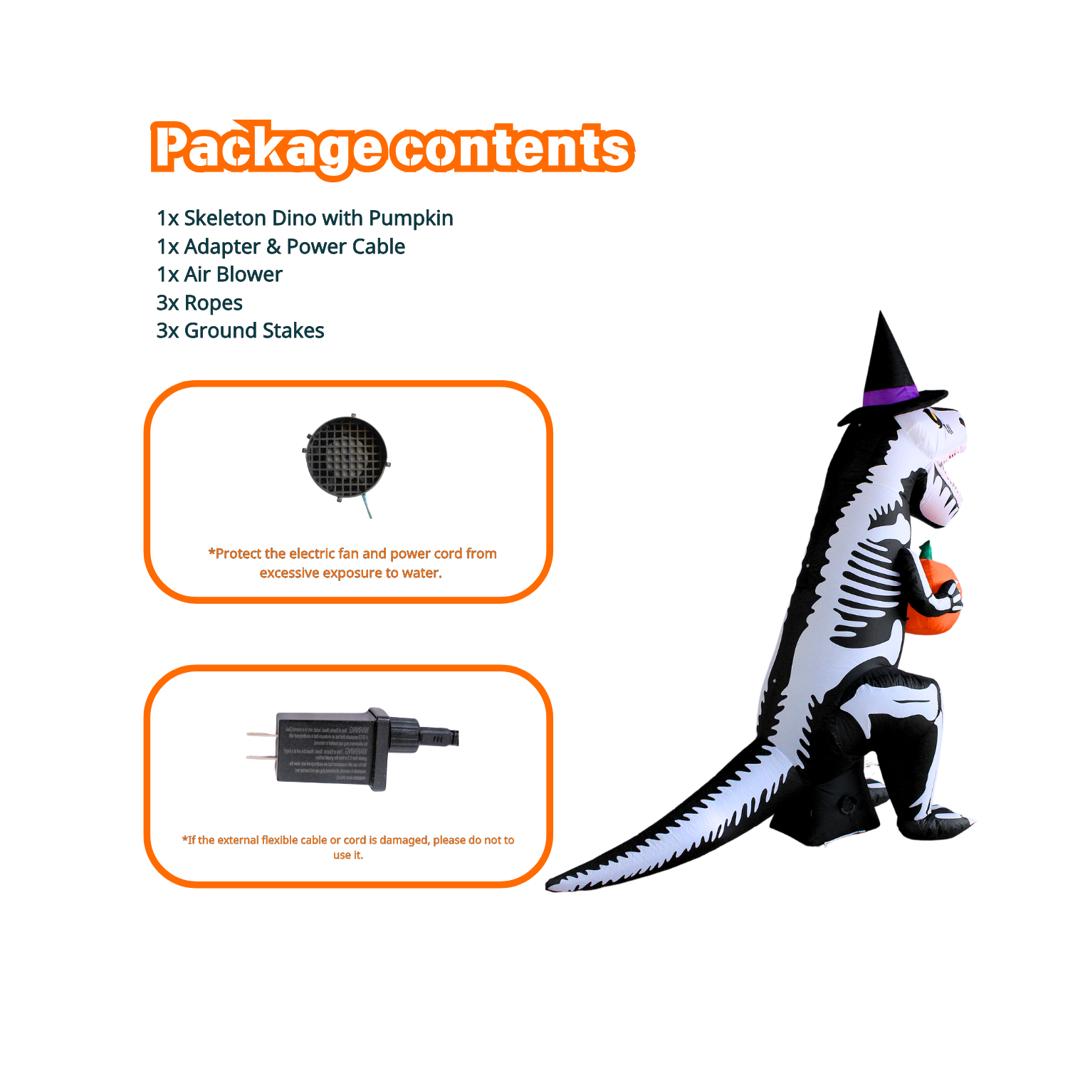 PTS 7FT Inflatable Dinosaur Skeleton with Pumpkin Outdoor Decoration - PartyTimeSolution