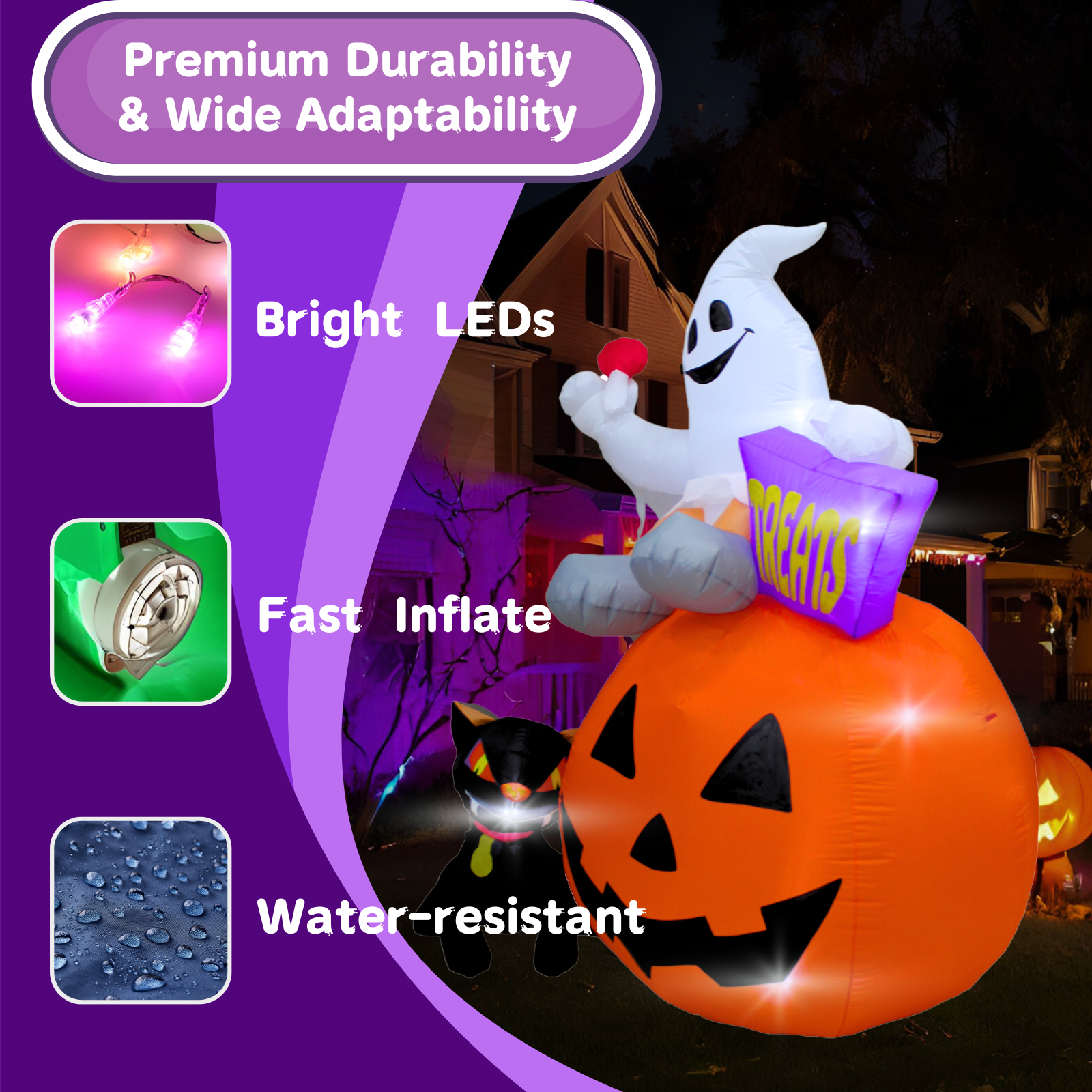 PTS 6FT Inflatable Ghosts with Pumpkins and Cat Outdoor Decoration - PartyTimeSolution