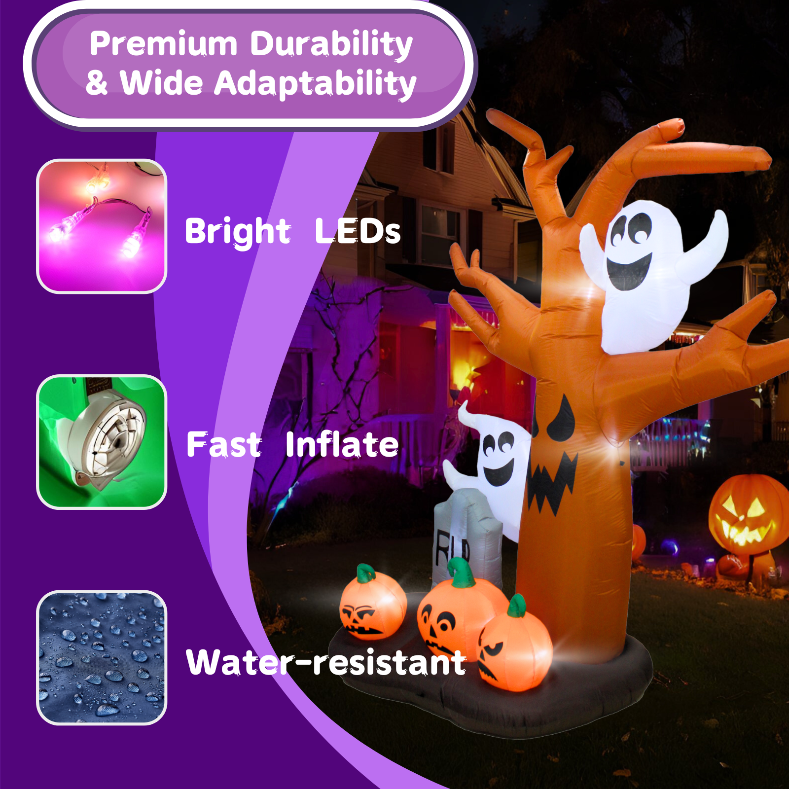 PTS 9FT Inflatable Ghost with Tree and Pumpkin Outdoor Decoration - PartyTimeSolution