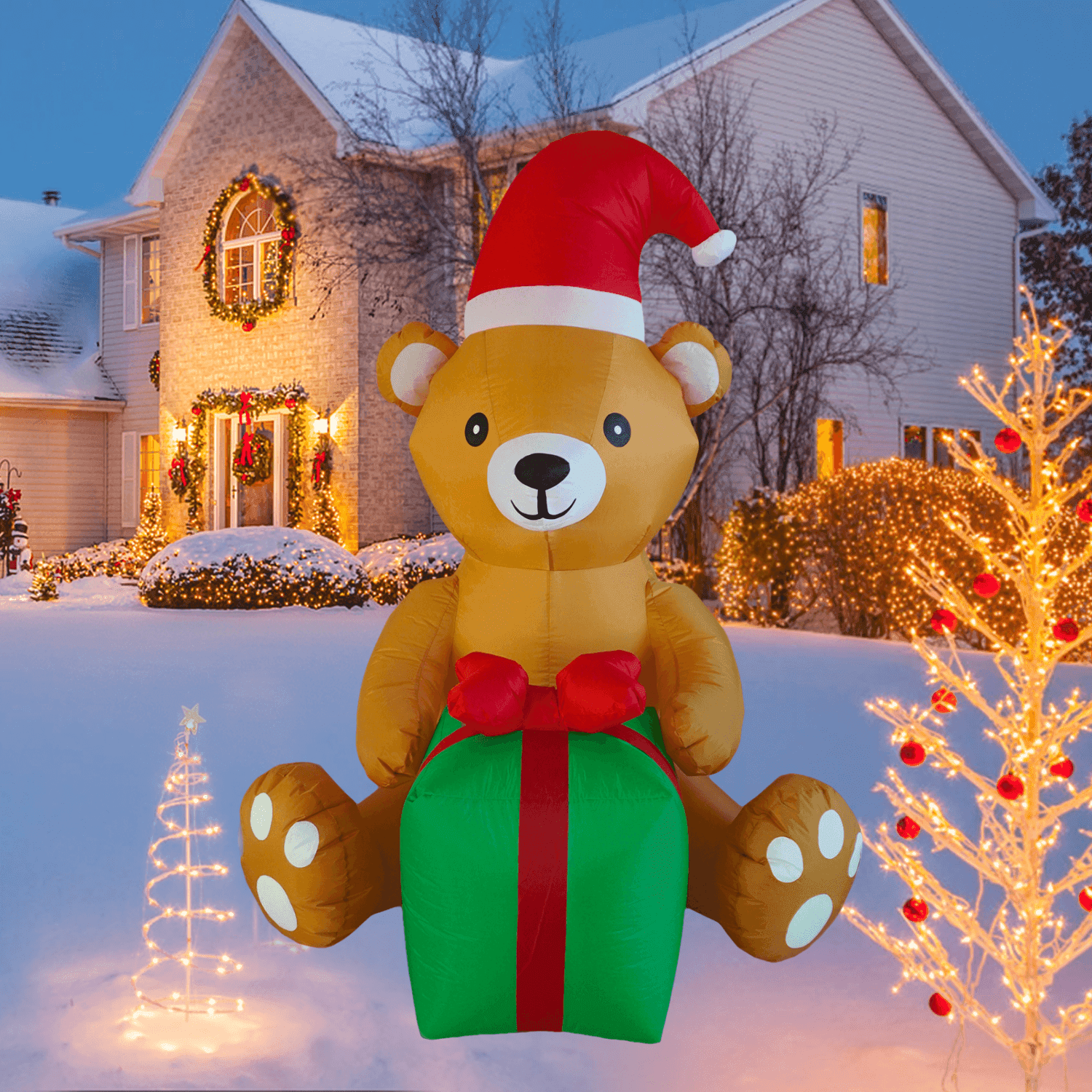 5FT Christmas Inflatable Bear with Gift Box Outdoor Decoration - PartyTimeSolution