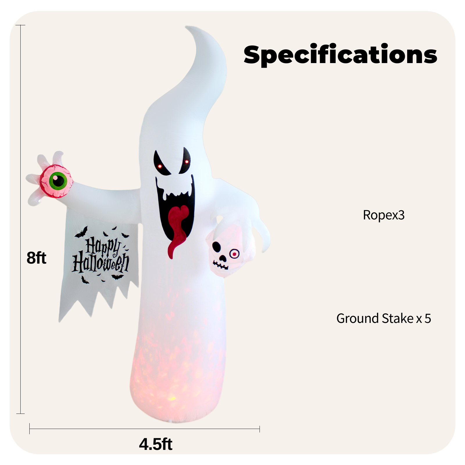 PTS 8FT Inflatable Ghost with Skull Outdoor Decoration - PartyTimeSolution