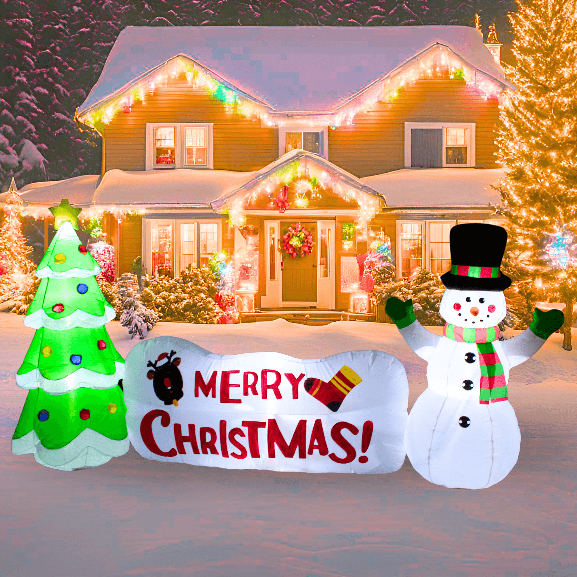 10FT Inflatable Snowman with Tree and Sign Outdoor Decoration - PartyTimeSolution