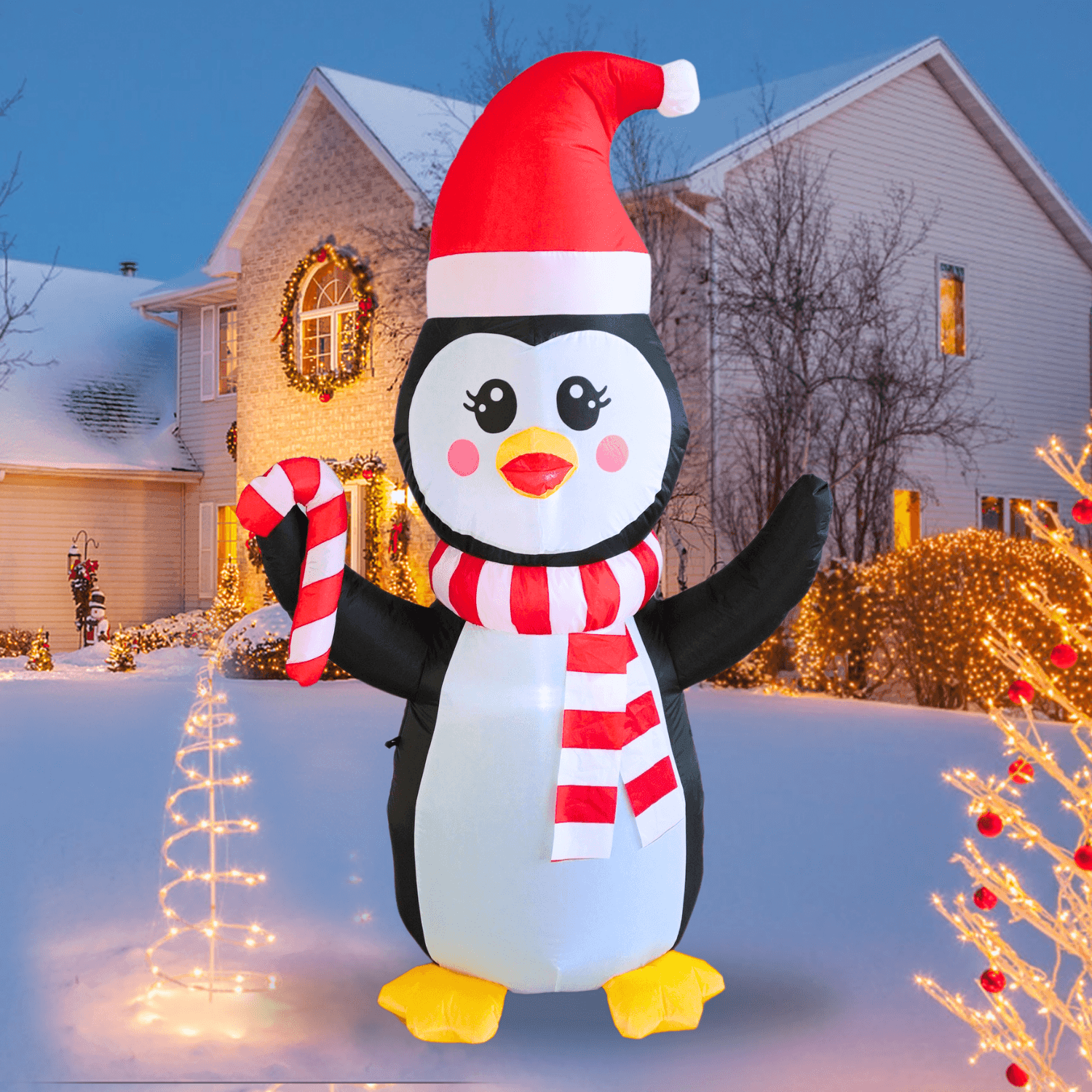 5FT Christmas Inflatable Penguin with Christmas Hat Outdoor Decoration - PartyTimeSolution