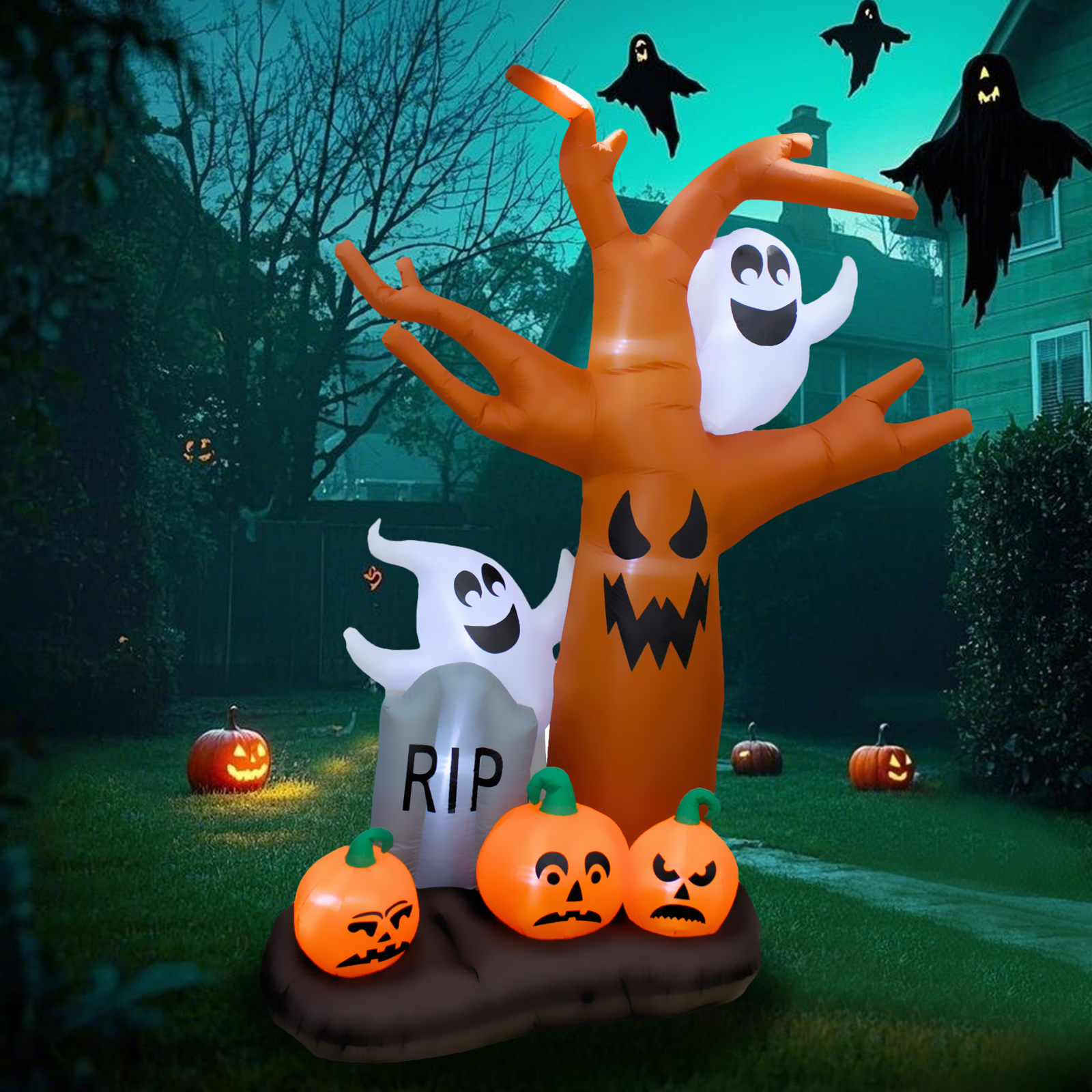 PTS 9FT Inflatable Ghost with Tree and Pumpkin Outdoor Decoration - PartyTimeSolution