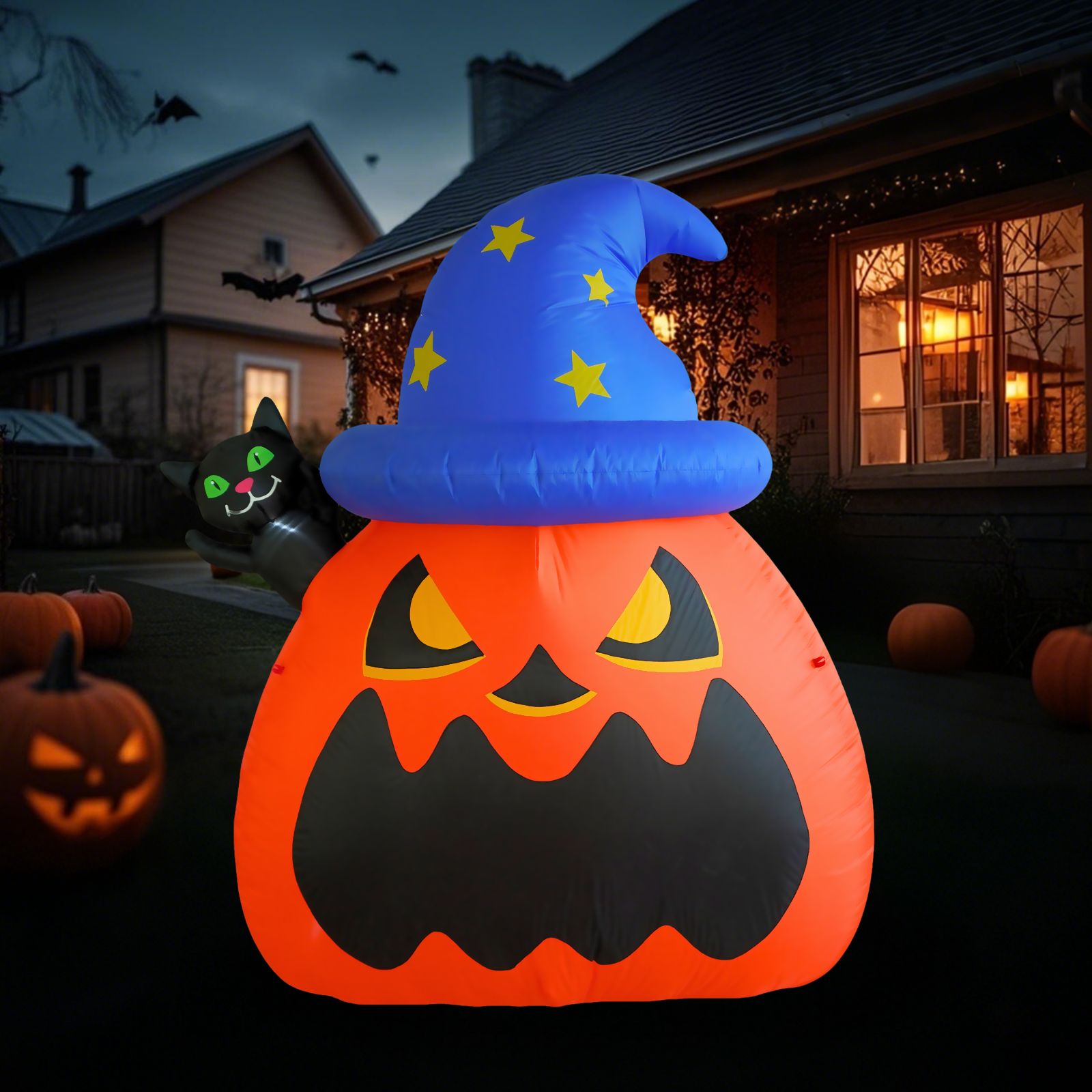 PTS 6FT Inflatable Wizard Pumpkin and Cat Outdoor Decoration - PartyTimeSolution