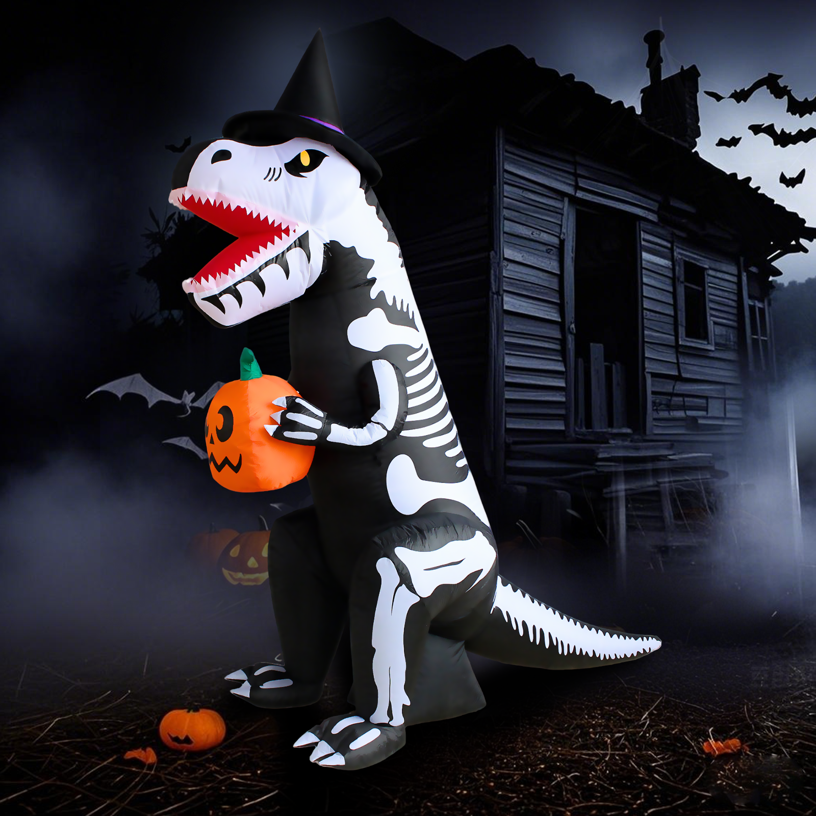 PTS 7FT Inflatable Dinosaur Skeleton with Pumpkin Outdoor Decoration - PartyTimeSolution