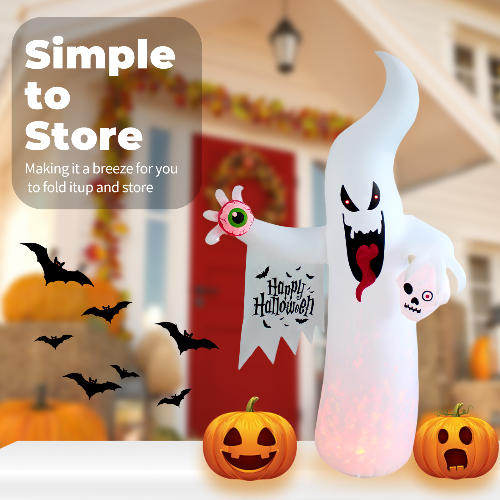 PTS 8FT Inflatable Ghost with Skull Outdoor Decoration - PartyTimeSolution
