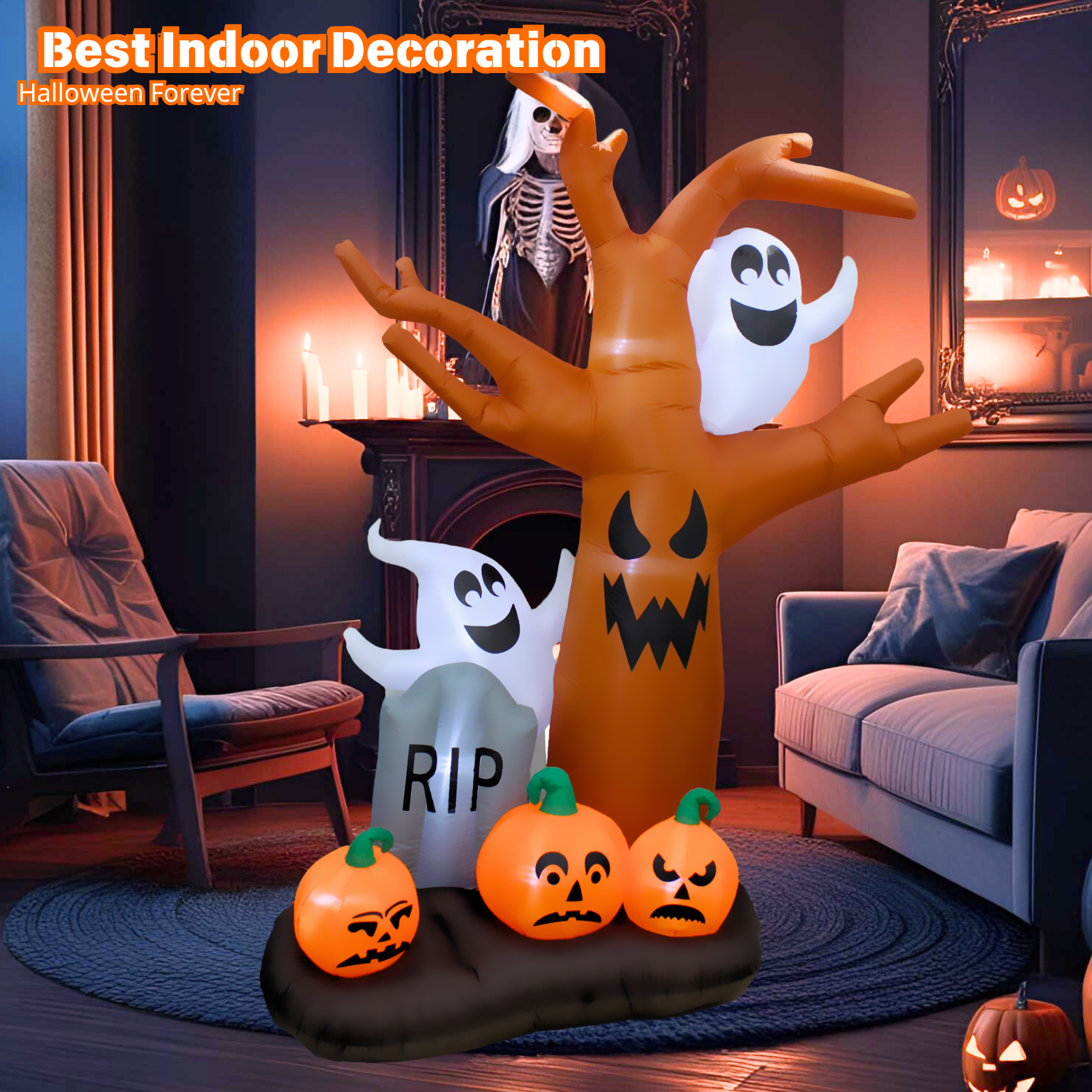 PTS 9FT Inflatable Ghost with Tree and Pumpkin Outdoor Decoration - PartyTimeSolution