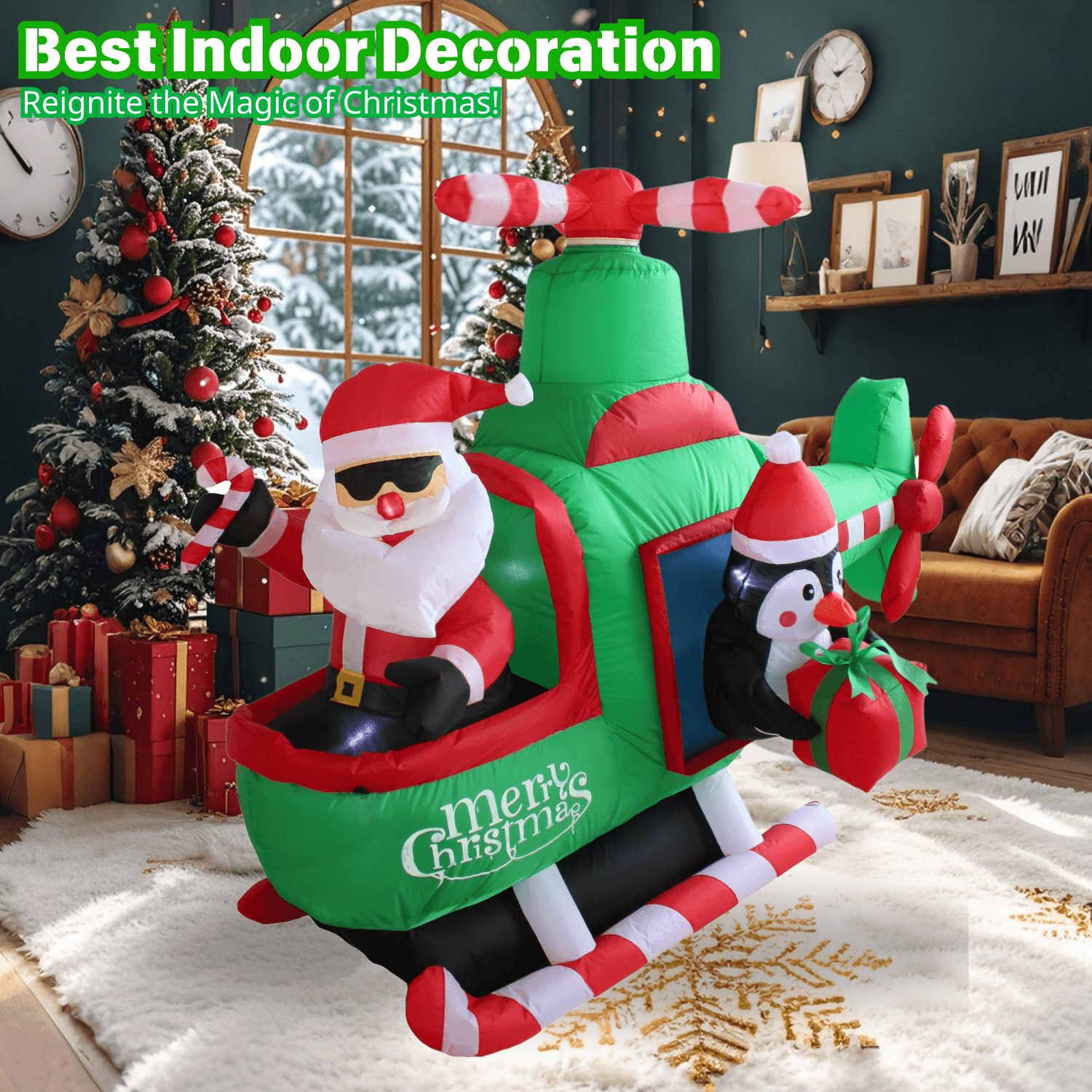 6.5FT Christmas Inflatable Helicopter with Santa and Penguin Outdoor Decoration - PartyTimeSolution