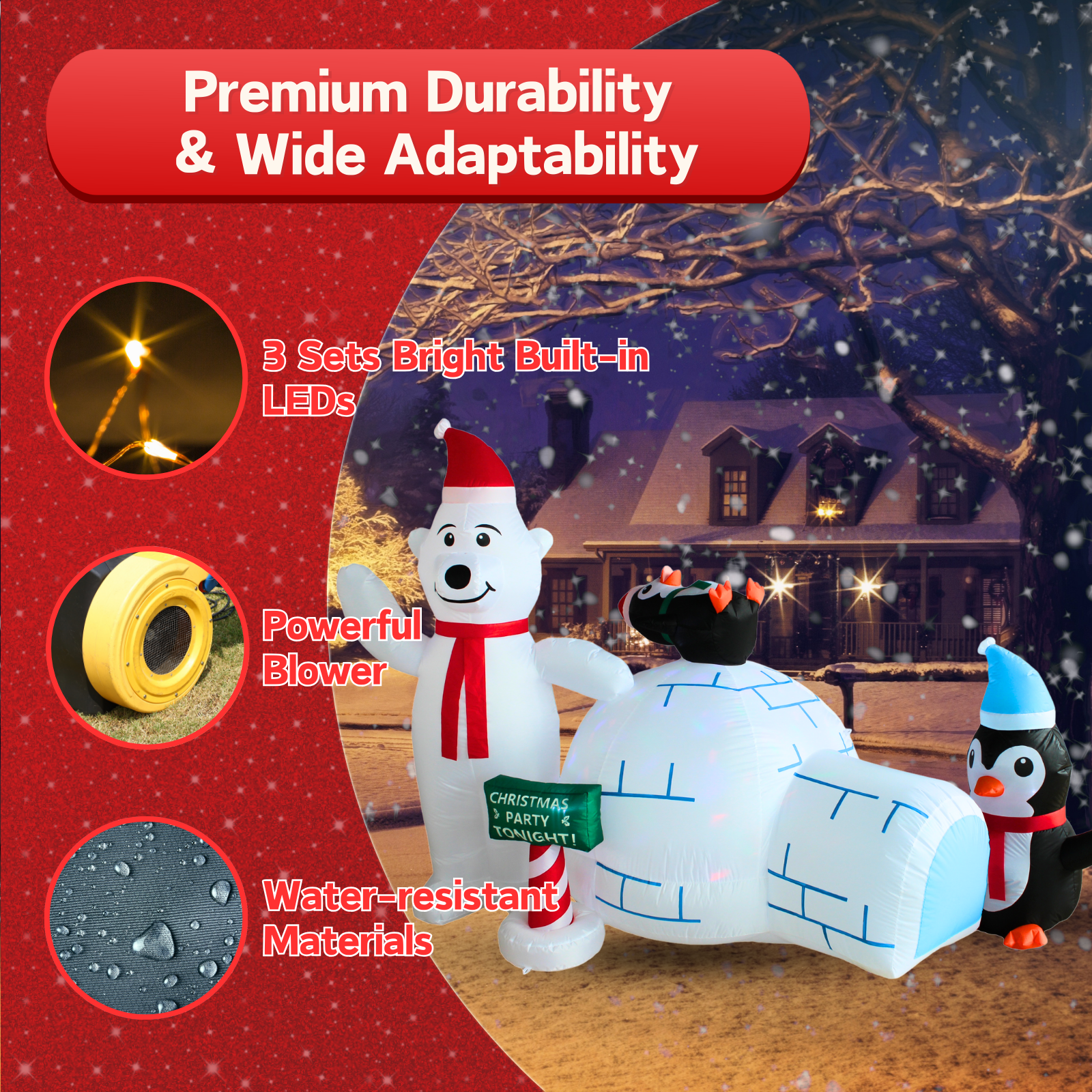 8FT Inflatable Polar Bear with Igloo and Penguin Outdoor Decoration - PartyTimeSolution