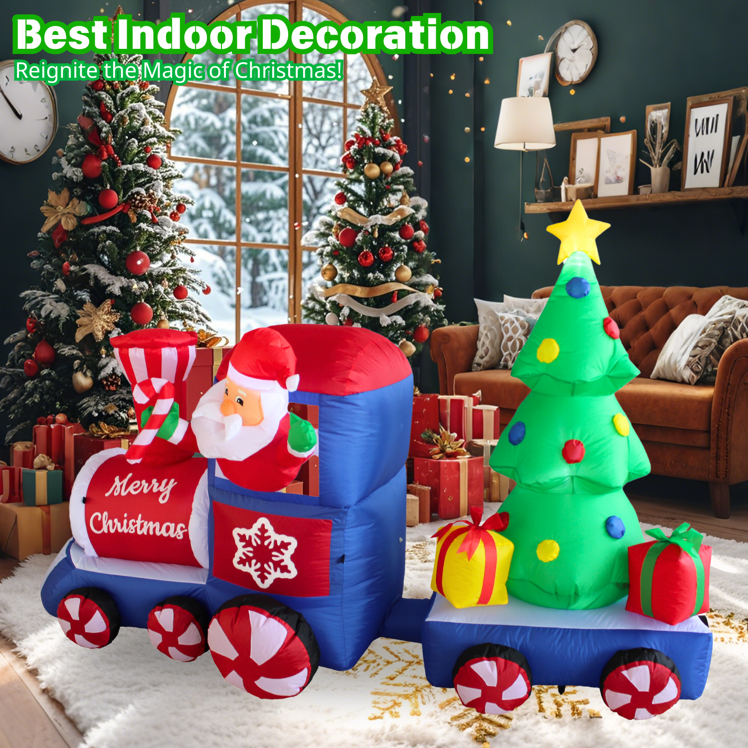 7FT Christmas Inflatable Santa Claus on Train with Christmas Tree Outdoor Decoration - PartyTimeSolution