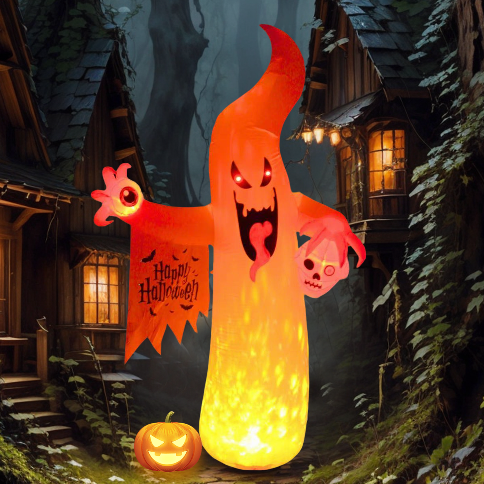 PTS 8FT Inflatable Ghost with Skull Outdoor Decoration - PartyTimeSolution