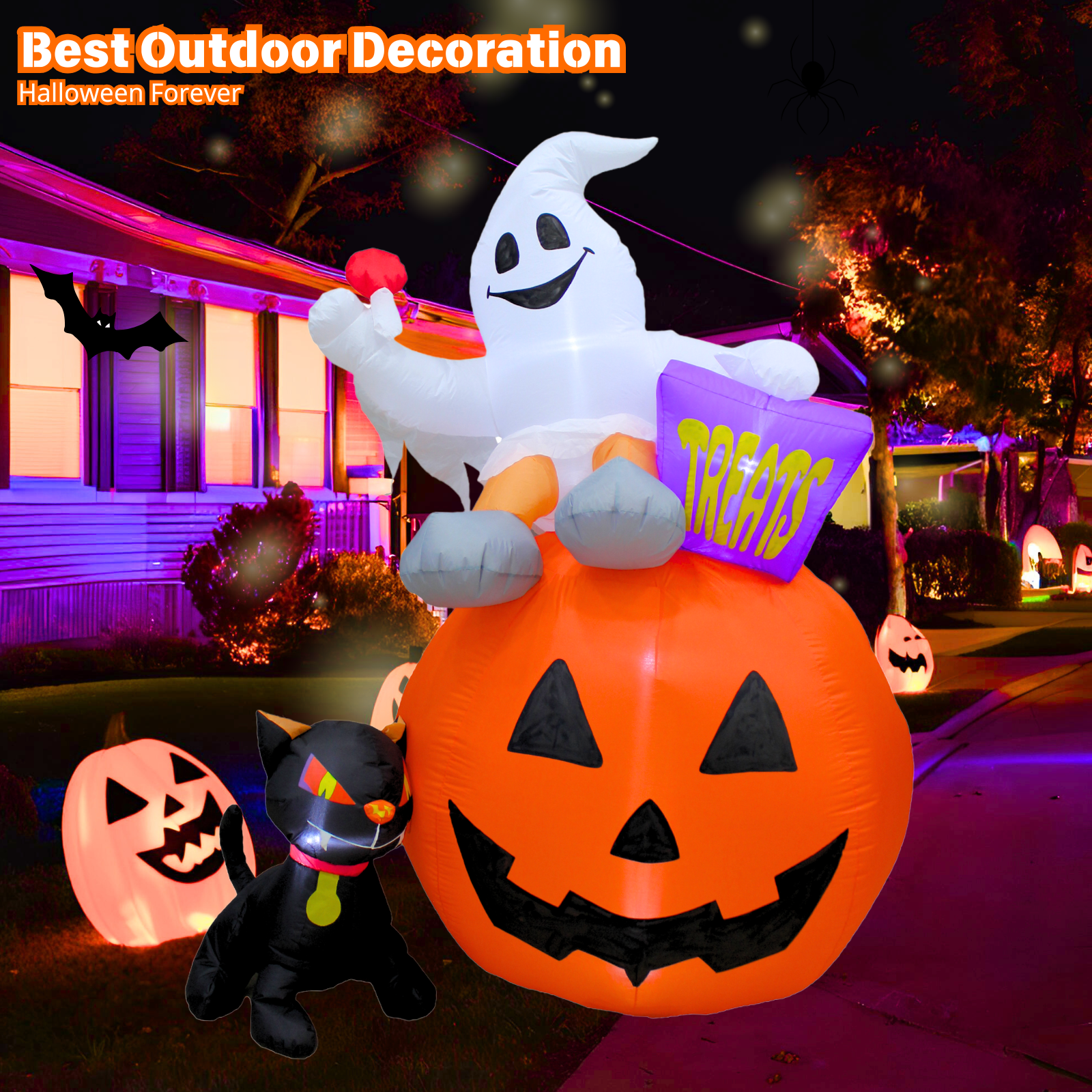 PTS 6FT Inflatable Ghosts with Pumpkins and Cat Outdoor Decoration - PartyTimeSolution
