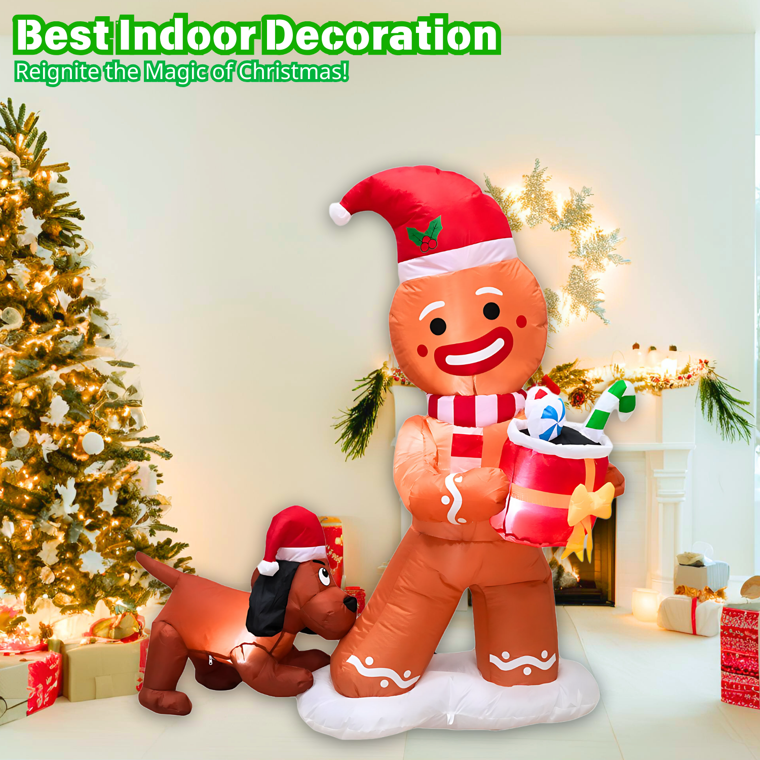 5FT Inflatable Gingebread Man with Dog Outdoor Decoration - PartyTimeSolution