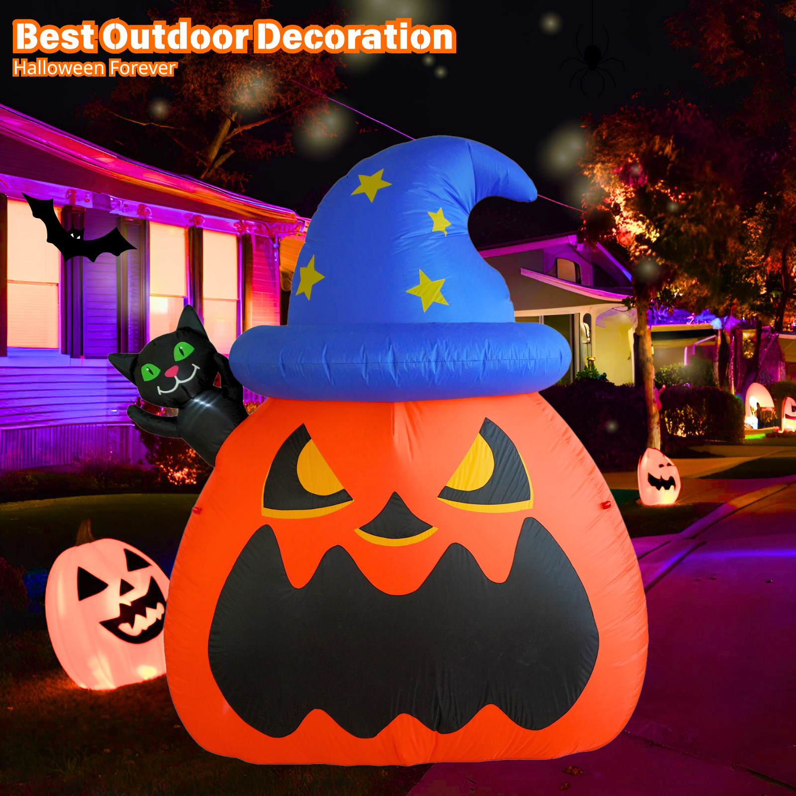 PTS 6FT Inflatable Wizard Pumpkin and Cat Outdoor Decoration - PartyTimeSolution