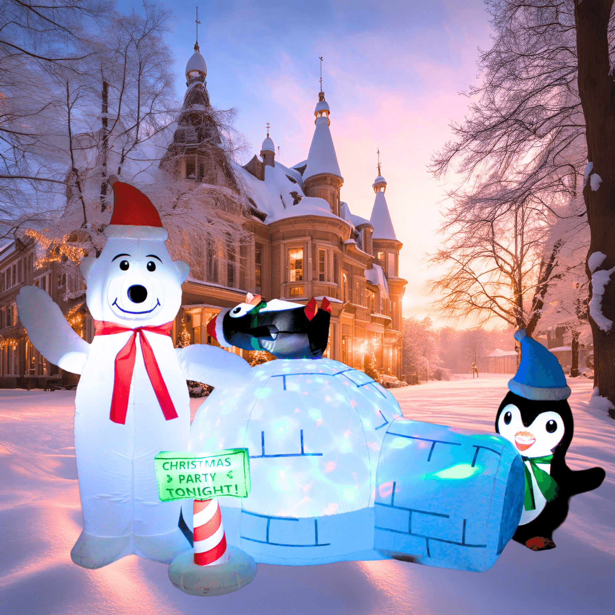 8FT Inflatable Polar Bear with Igloo and Penguin Outdoor Decoration - PartyTimeSolution