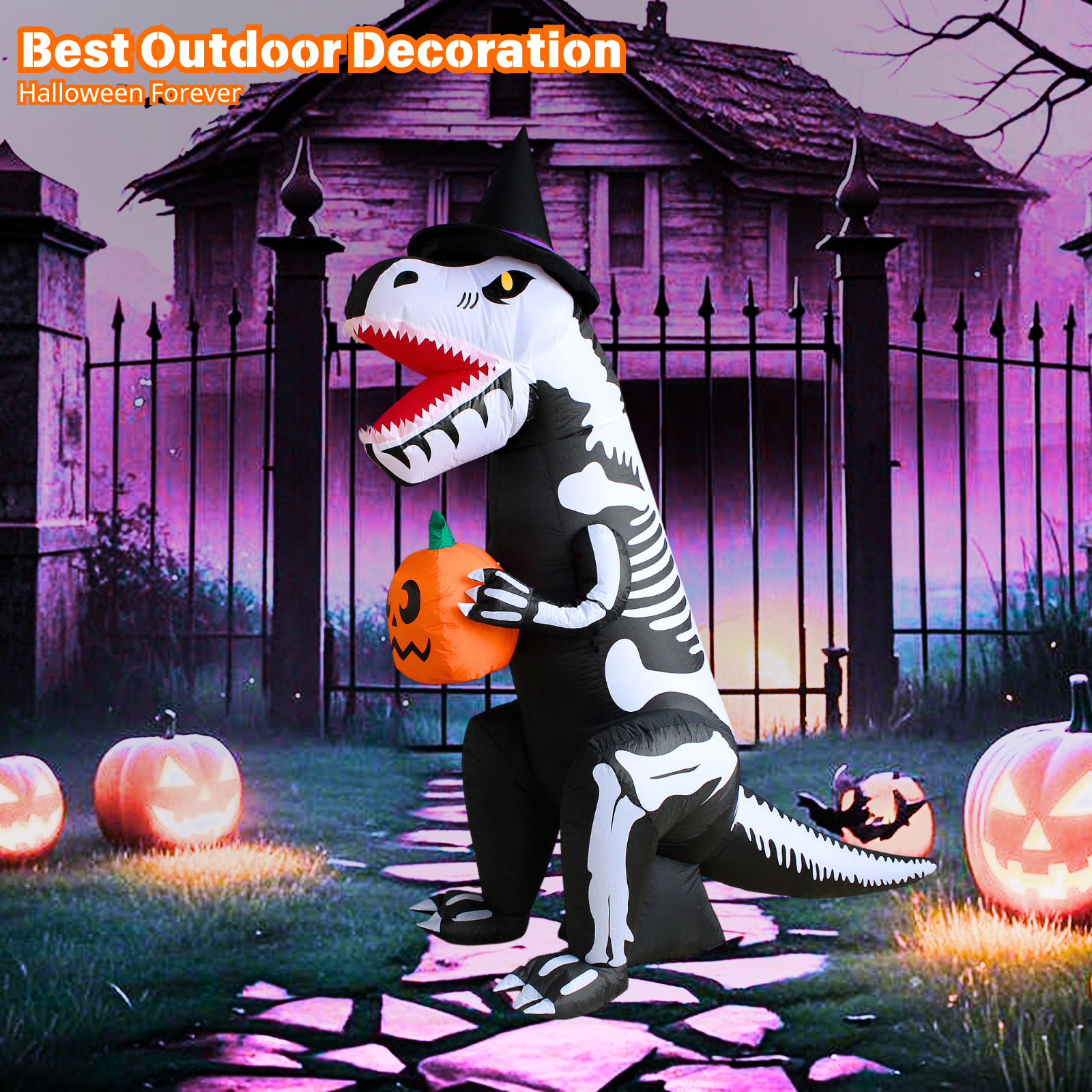 PTS 7FT Inflatable Dinosaur Skeleton with Pumpkin Outdoor Decoration - PartyTimeSolution